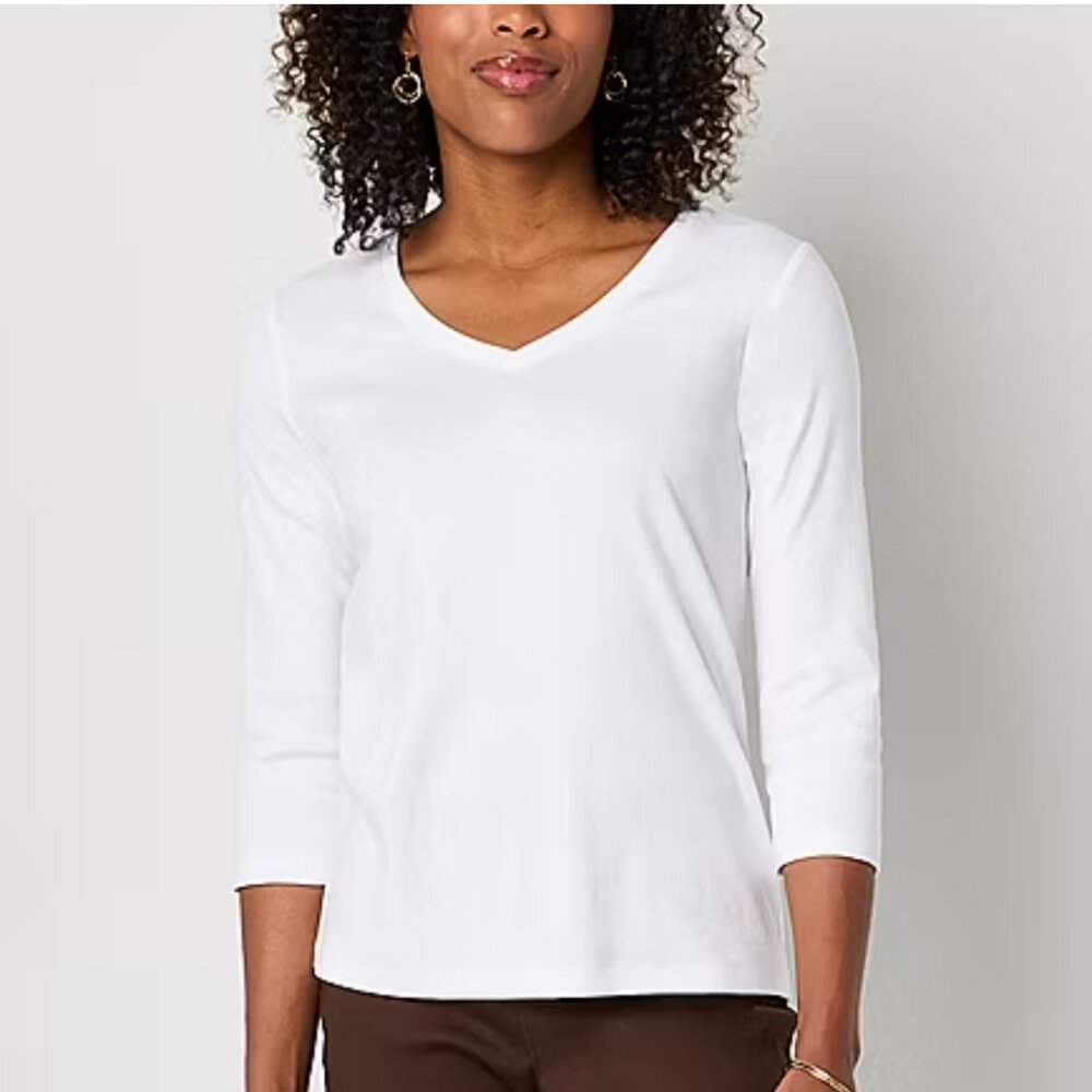St. John's Bay Classic White Tee Womens V Neck 3/4 sleeve